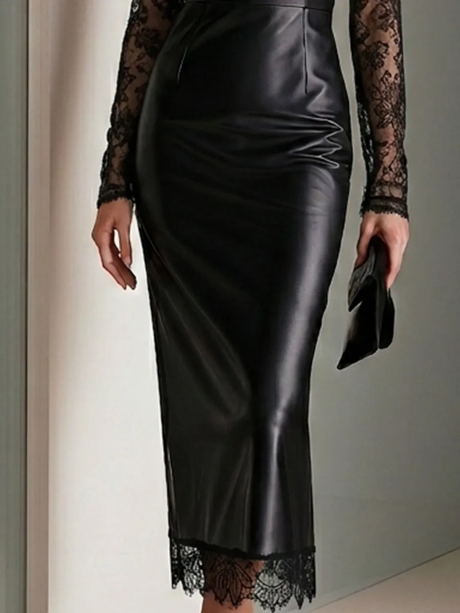 Lace-Panel Faux Leather Midi Dress sold by Mooyius product image thumbnail 4