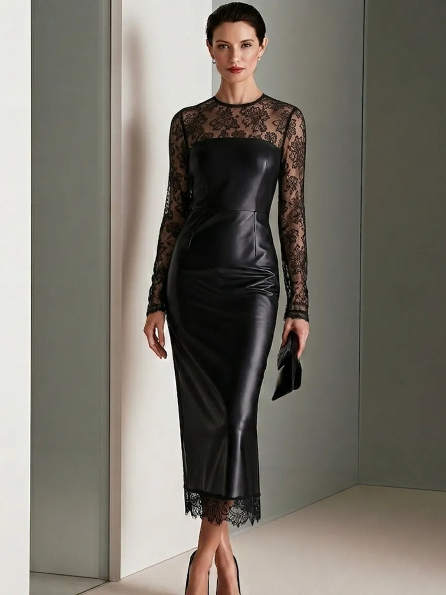 Lace-Panel Faux Leather Midi Dress sold by Mooyius product image thumbnail 2