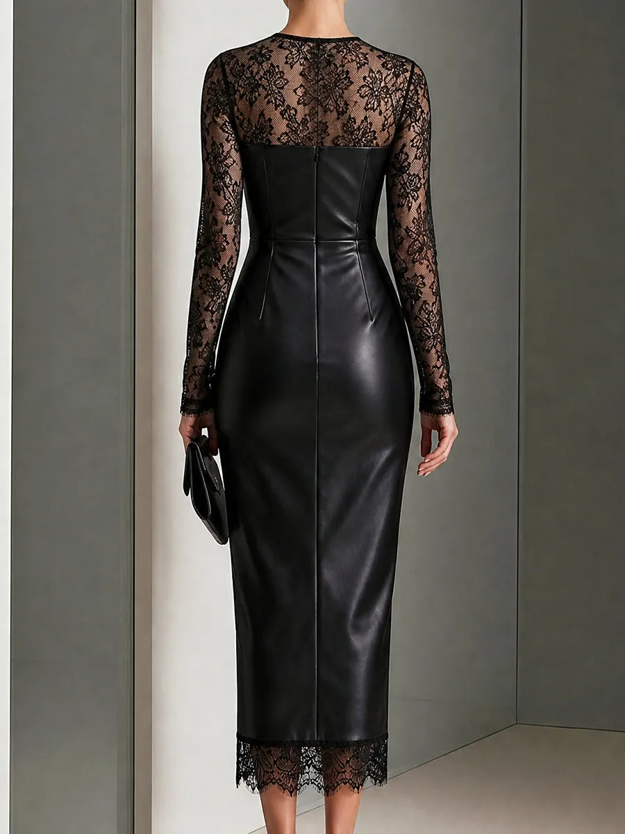 Lace-Panel Faux Leather Midi Dress sold by Mooyius product image thumbnail 5