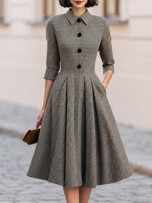 Houndstooth Collared 3/4 Sleeve Button Front A-Line Midi Dress made by Something Navy