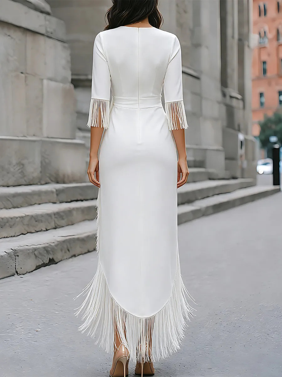 Asymmetric Fringe-Trim Wrap Maxi Dress sold by Mooyius product image thumbnail 5