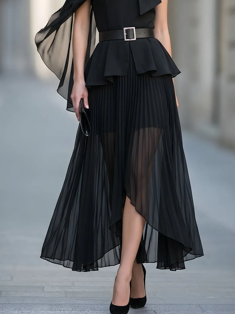 Asymmetric Draped Cape Sleeve Chiffon Belted Midi Dress Set sold by Mooyius product image thumbnail 3