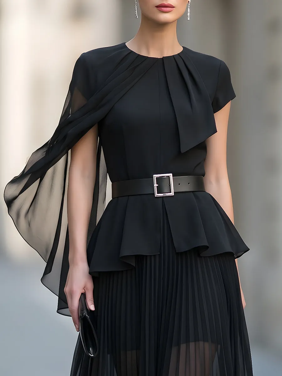 Asymmetric Draped Cape Sleeve Chiffon Belted Midi Dress Set sold by Mooyius product image thumbnail 2