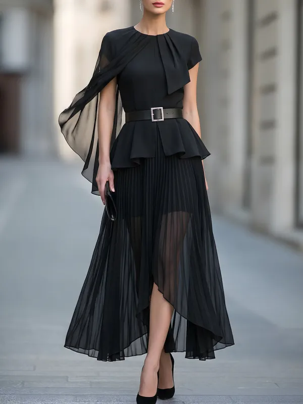 Asymmetric Draped Cape Sleeve Chiffon Belted Midi Dress Set made by Mooyius