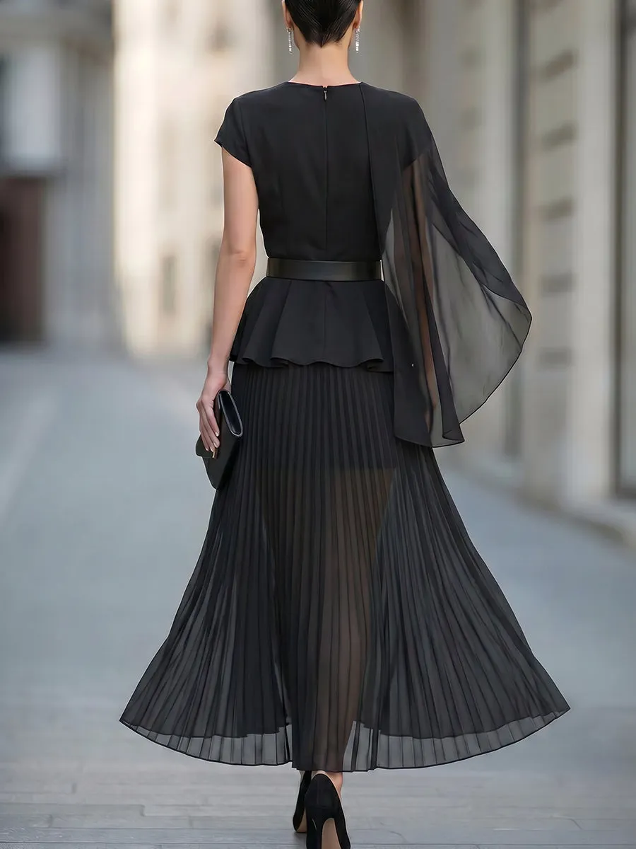 Asymmetric Draped Cape Sleeve Chiffon Belted Midi Dress Set sold by Mooyius product image thumbnail 4