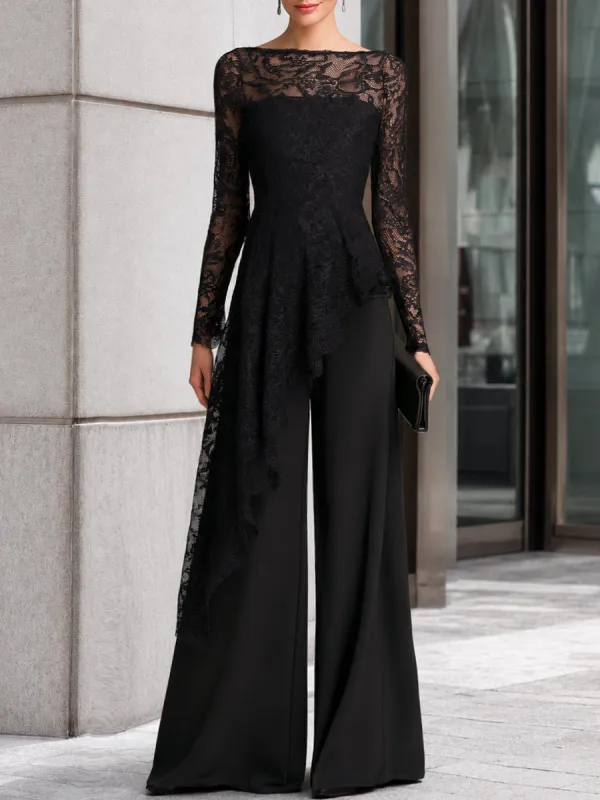 Lace Overlay Asymmetric Wide-Leg Jumpsuit made by Mooyius
