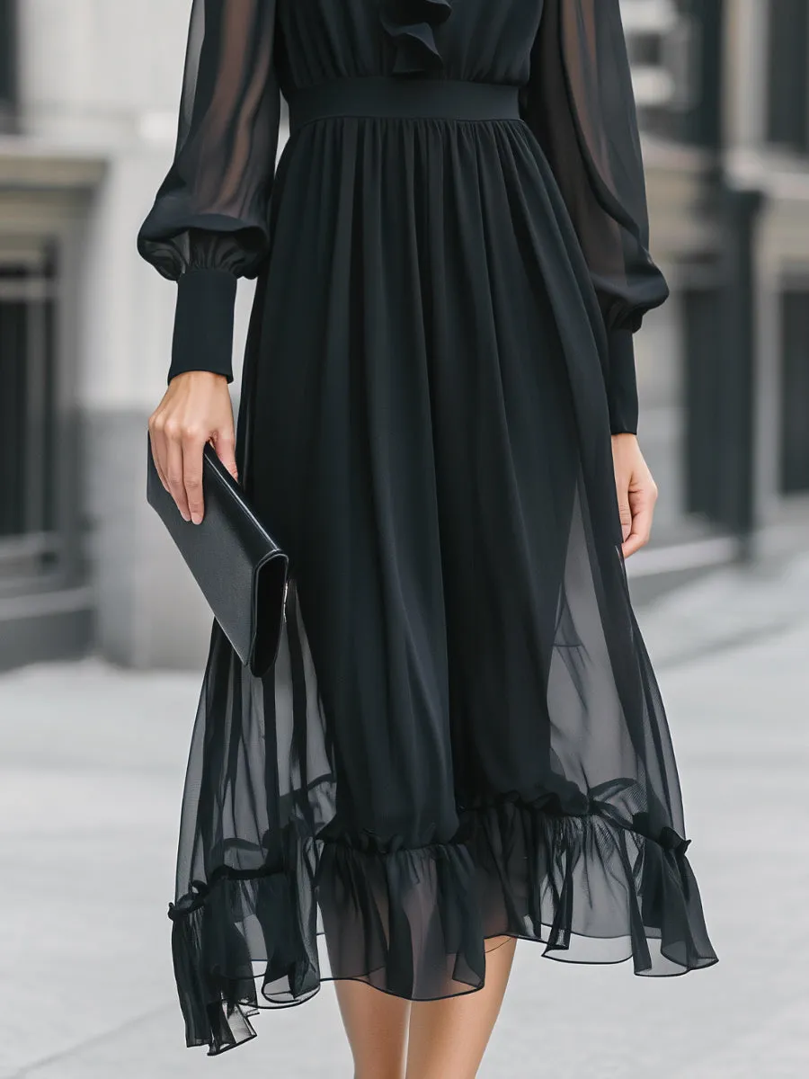 Ruffle Detail Sheer Sleeve Chiffon Midi Dress sold by Mooyius product image thumbnail 4
