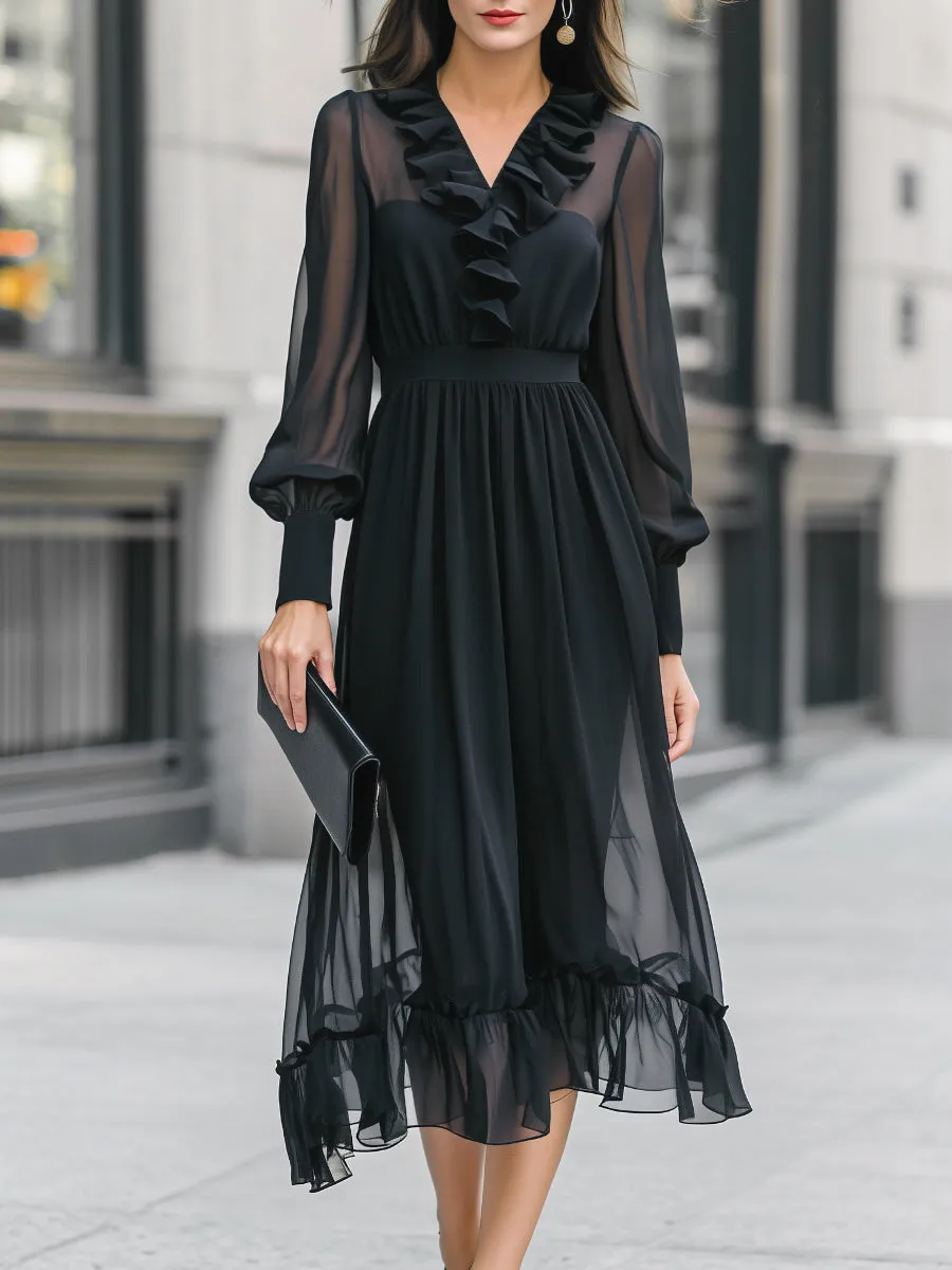 Ruffle Detail Sheer Sleeve Chiffon Midi Dress sold by Mooyius