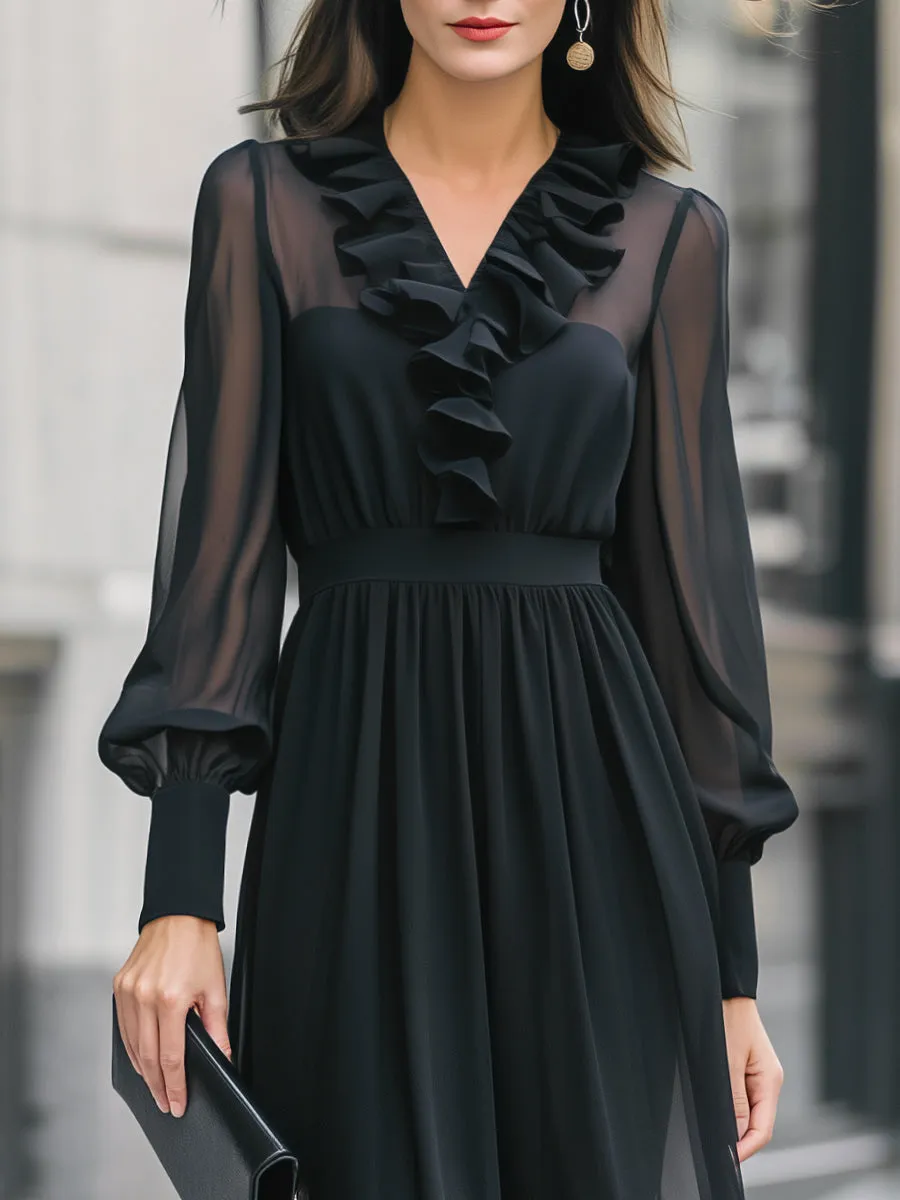 Ruffle Detail Sheer Sleeve Chiffon Midi Dress sold by Mooyius product image thumbnail 3