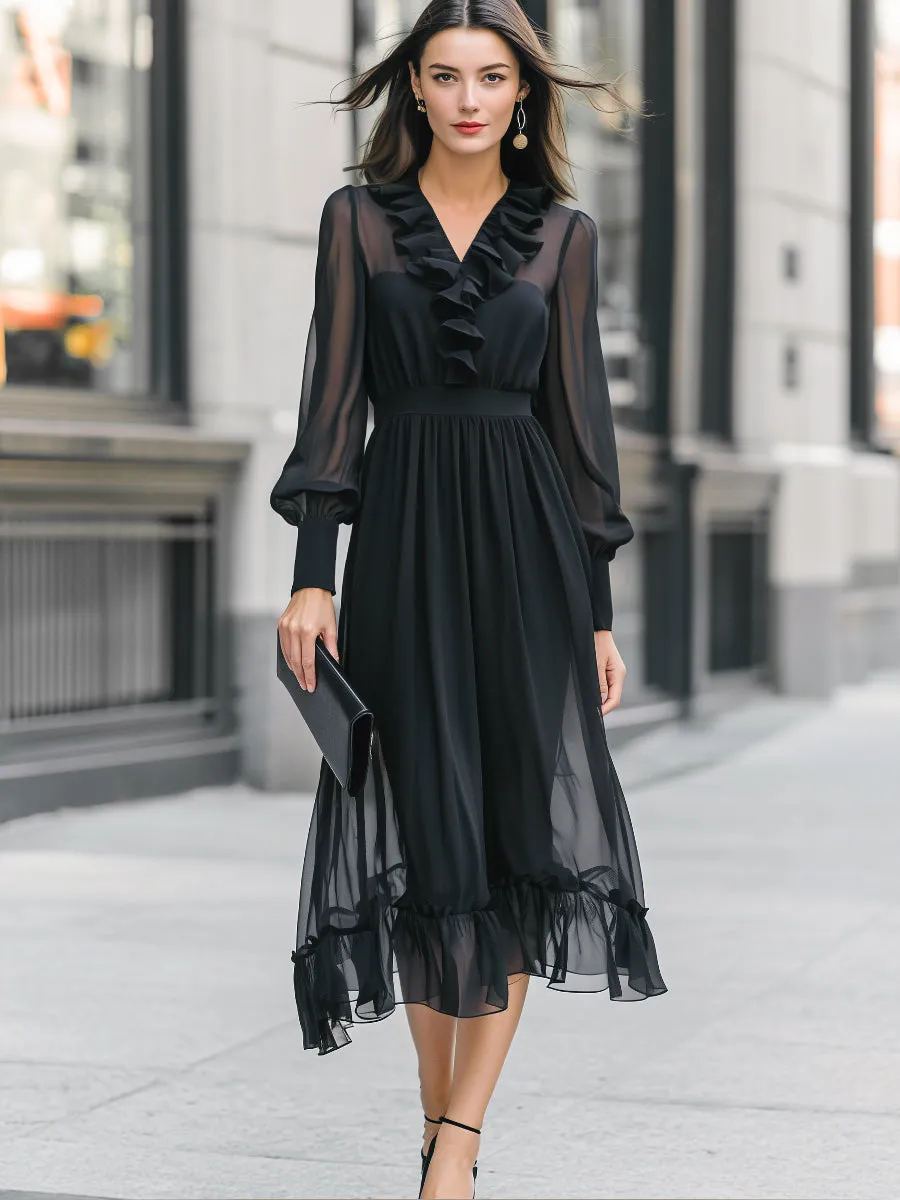 Ruffle Detail Sheer Sleeve Chiffon Midi Dress sold by Mooyius product image thumbnail 2