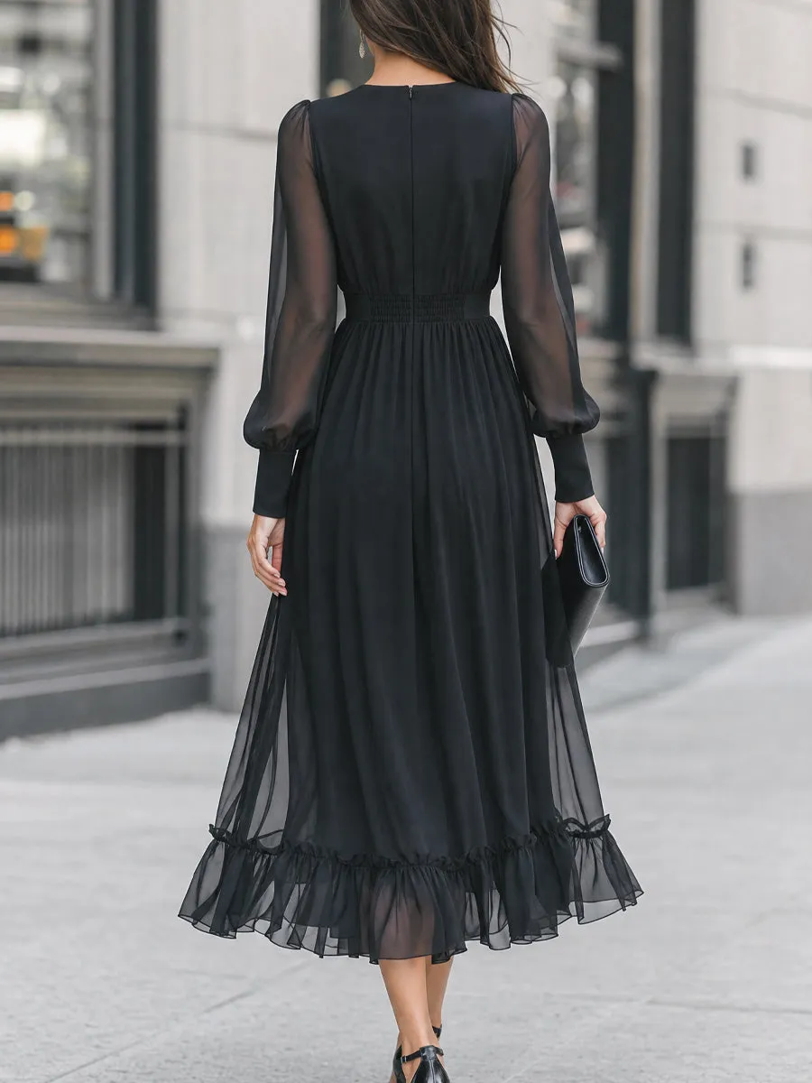 Ruffle Detail Sheer Sleeve Chiffon Midi Dress sold by Mooyius product image thumbnail 5