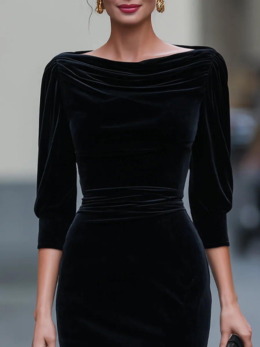 Cowl Neck Ruched Velvet Three-Quarter Sleeve Pencil Midi Dress sold by Mooyius product image thumbnail 3