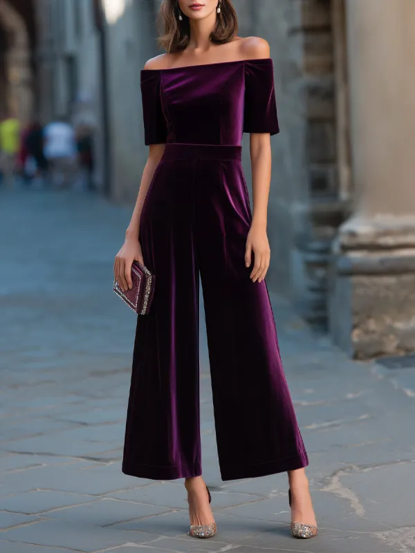 Off-Shoulder Velvet Short Sleeve Wide Leg Jumpsuit made by Mooyius