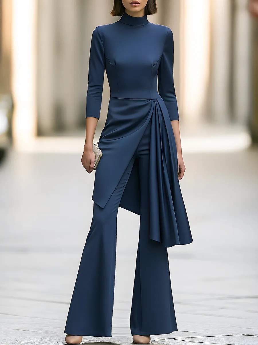 Asymmetric Draped Overlay Mock-Neck Top And Flared Trouser Set sold by Mooyius