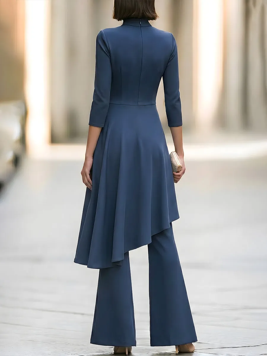 Asymmetric Draped Overlay Mock-Neck Top And Flared Trouser Set sold by Mooyius product image thumbnail 4