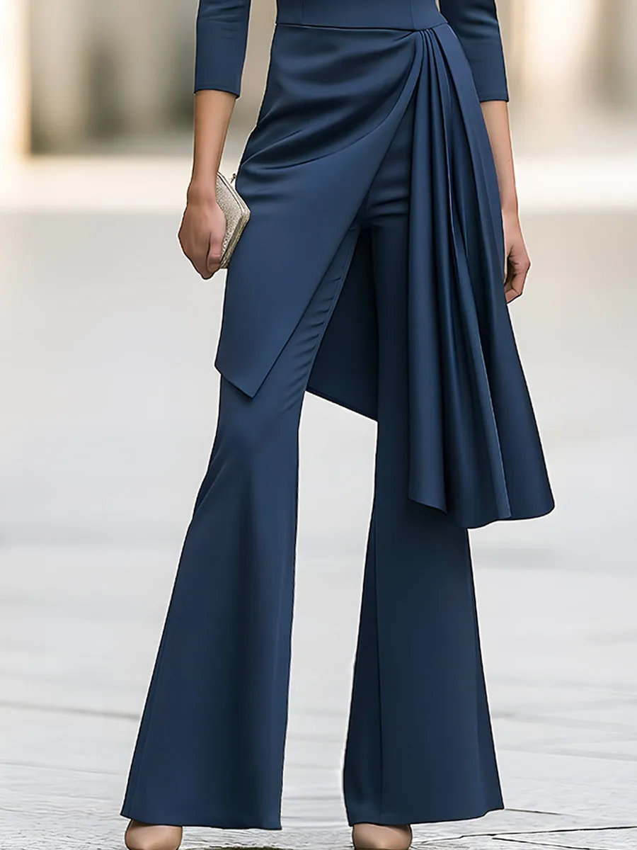 Asymmetric Draped Overlay Mock-Neck Top And Flared Trouser Set sold by Mooyius product image thumbnail 3