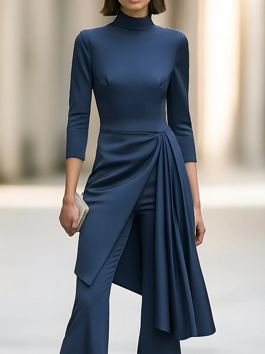 Asymmetric Draped Overlay Mock-Neck Top And Flared Trouser Set sold by Mooyius product image thumbnail 2