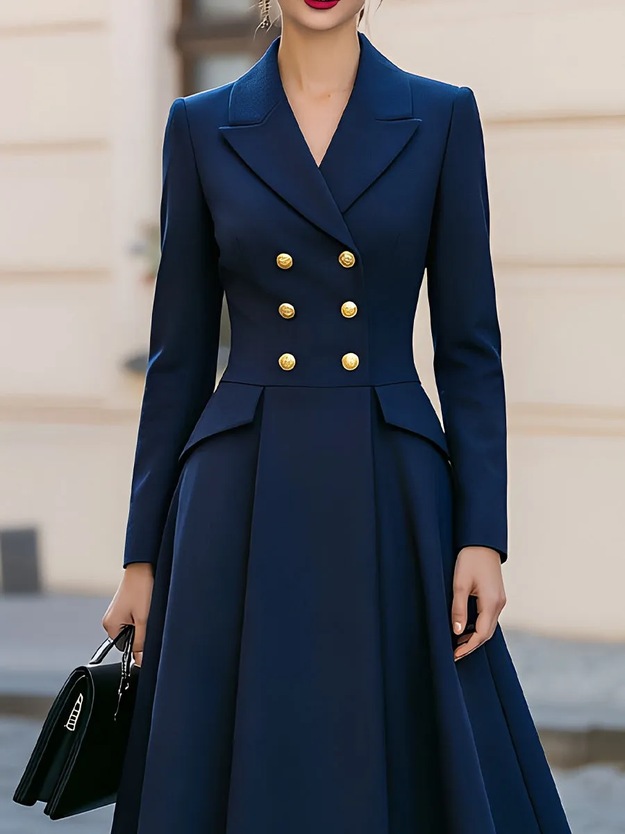 Notched Lapel Double Breasted Gold Button Peplum Flared Midi Dress sold by Mooyius product image thumbnail 3