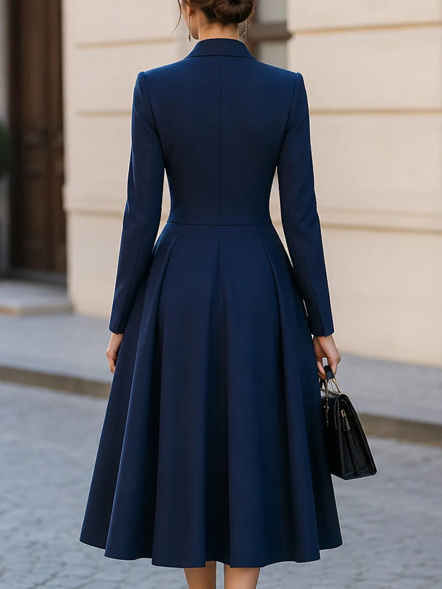 Notched Lapel Double Breasted Gold Button Peplum Flared Midi Dress sold by Mooyius product image thumbnail 2