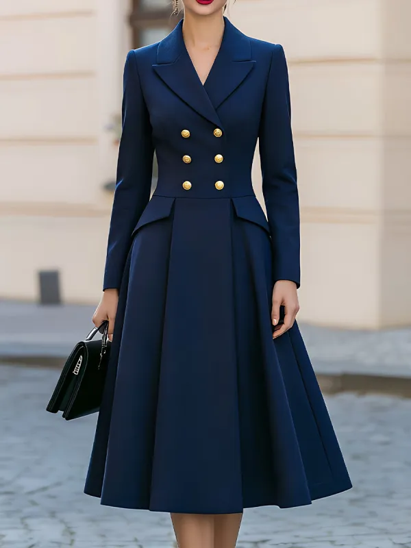 Notched Lapel Double Breasted Gold Button Peplum Flared Midi Dress made by Something Navy