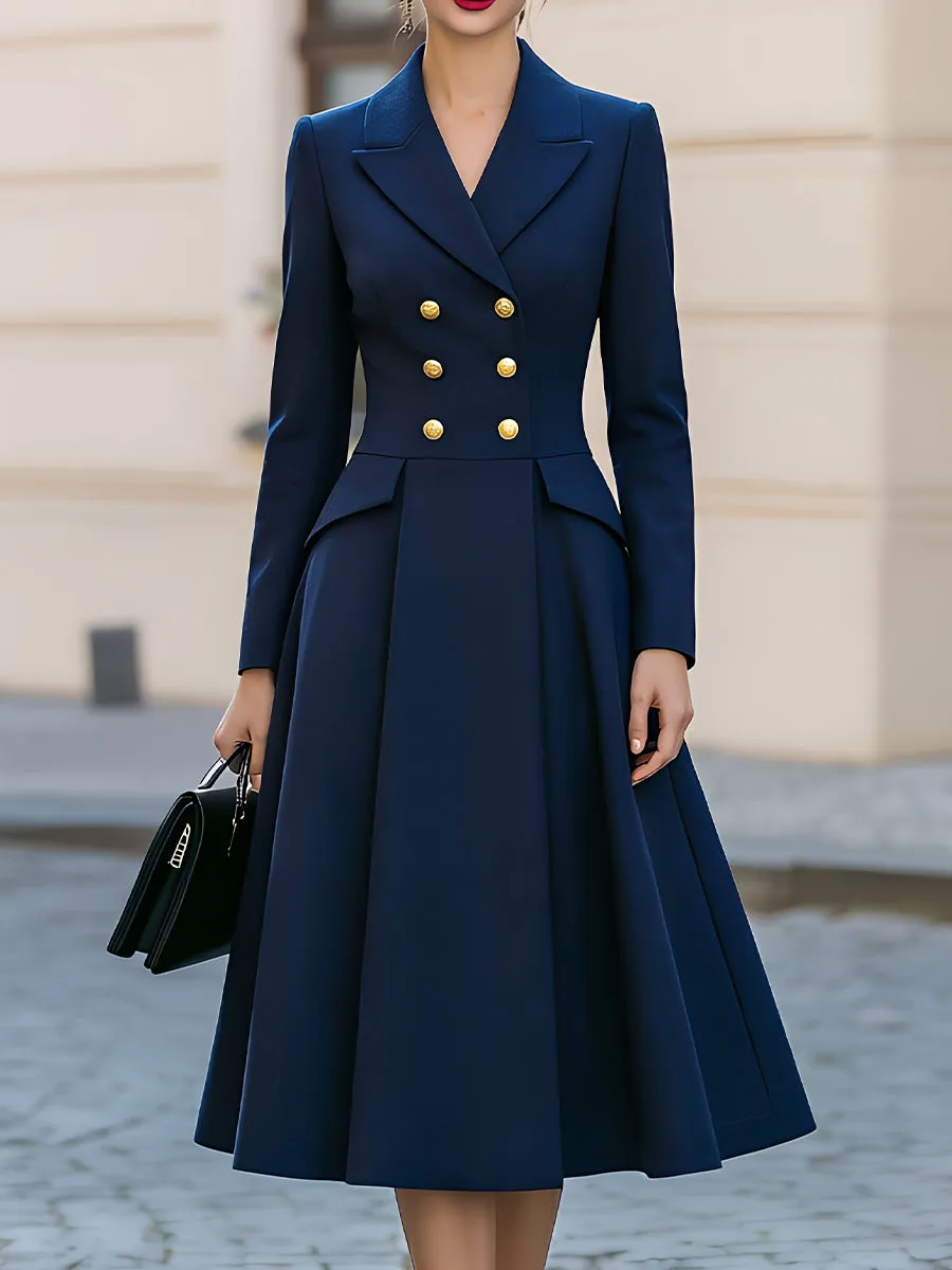 Notched Lapel Double Breasted Gold Button Peplum Flared Midi Dress sold by Mooyius