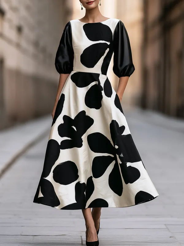 Black And Ivory Abstract Floral Puff Sleeve Maxi Dress made by Mooyius