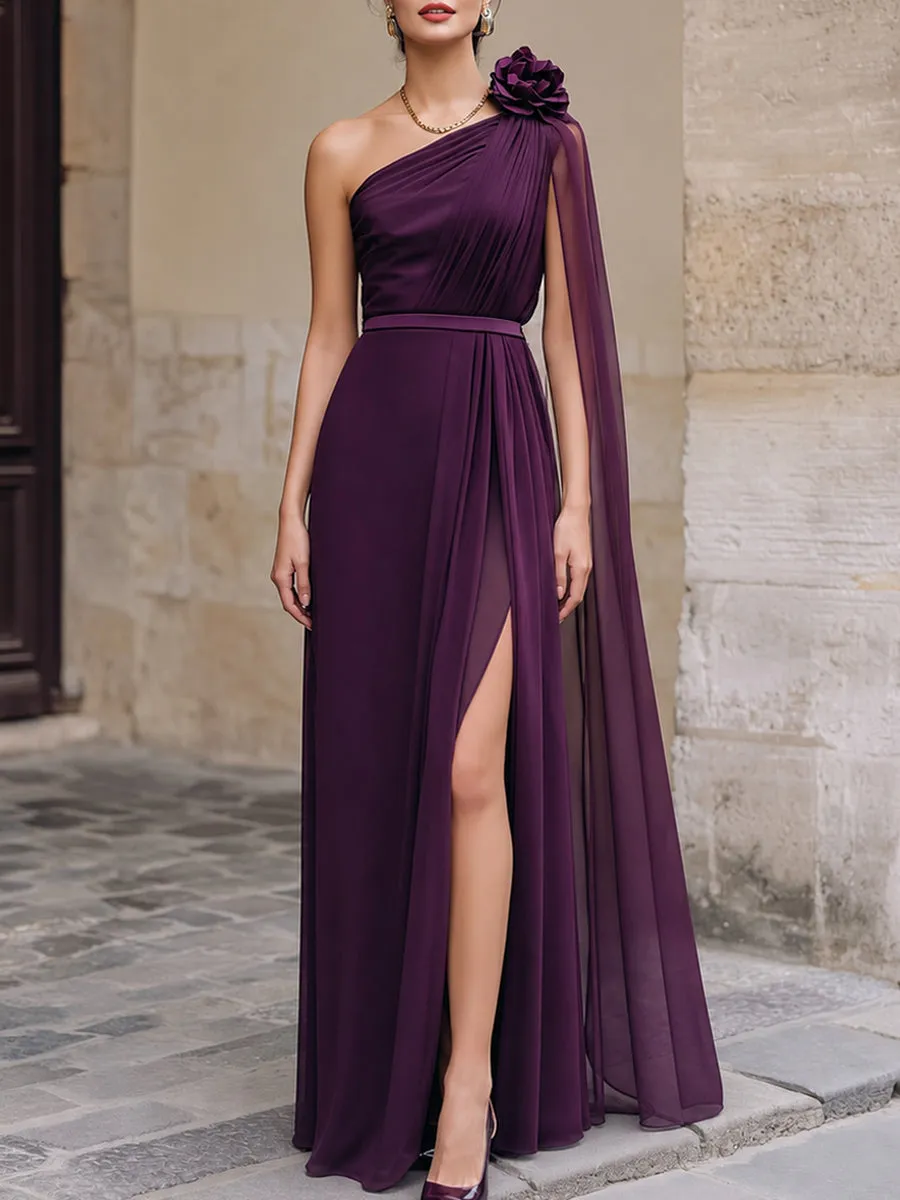 One-Shoulder Floral Detail Chiffon Evening Gown sold by Mooyius
