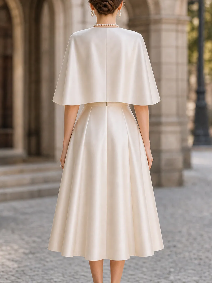 Elegant Satin Cape-Sleeve A-Line Midi Dress sold by Mooyius product image thumbnail 3