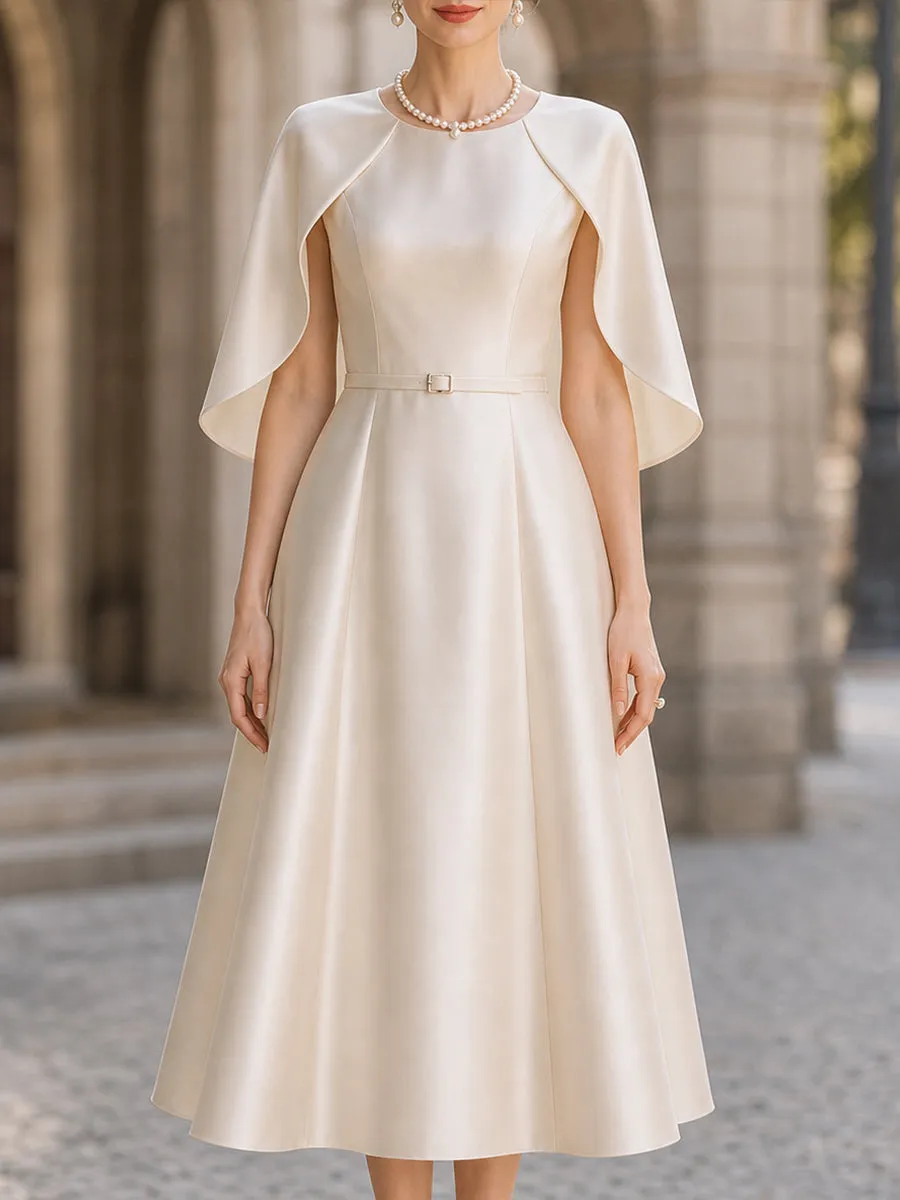 Elegant Satin Cape-Sleeve A-Line Midi Dress sold by Mooyius product image thumbnail 2