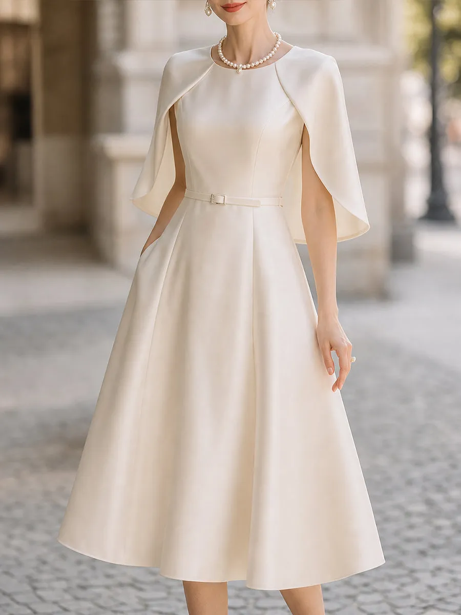 Elegant Satin Cape-Sleeve A-Line Midi Dress sold by Mooyius