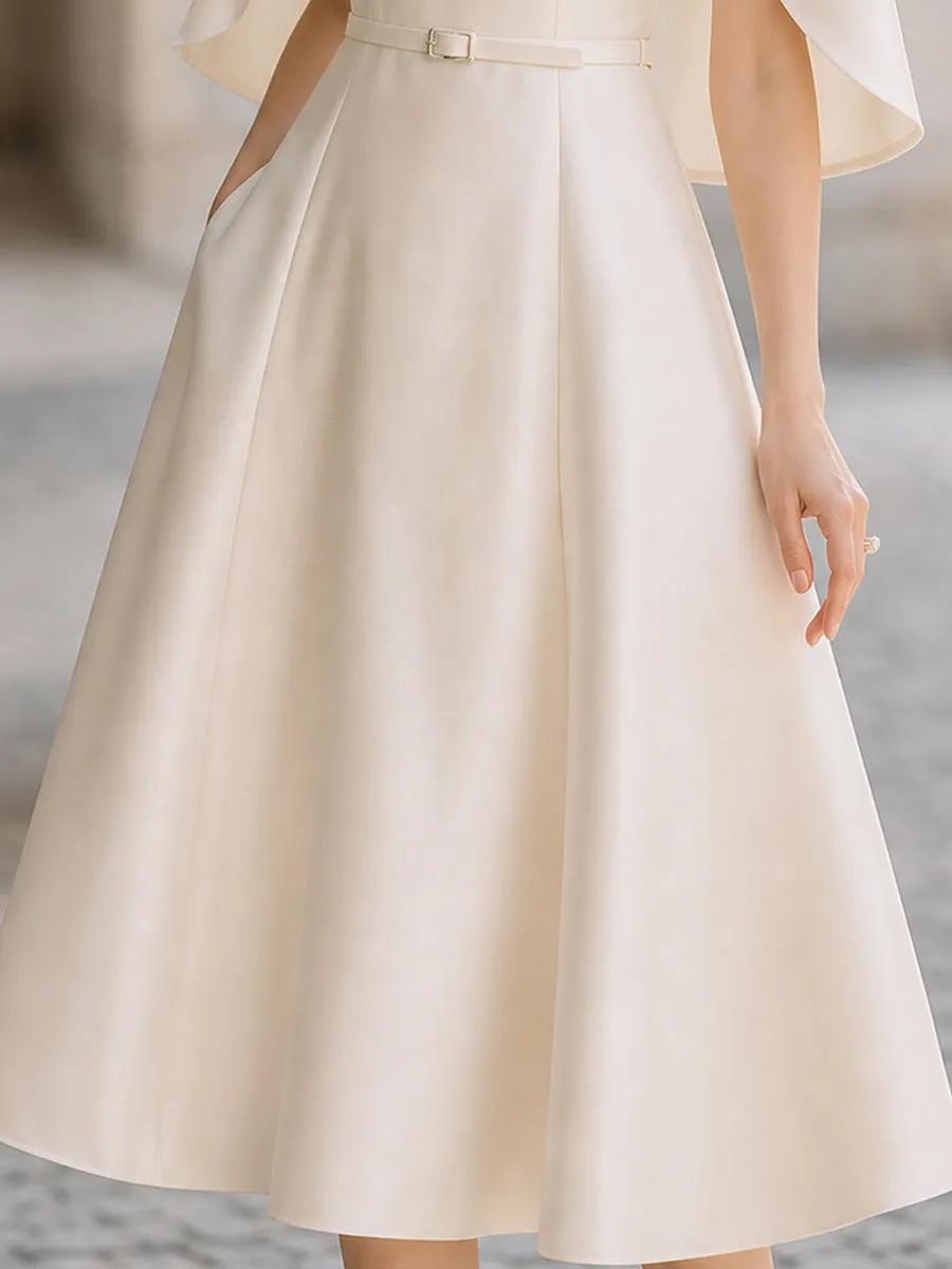 Elegant Satin Cape-Sleeve A-Line Midi Dress sold by Mooyius product image thumbnail 5