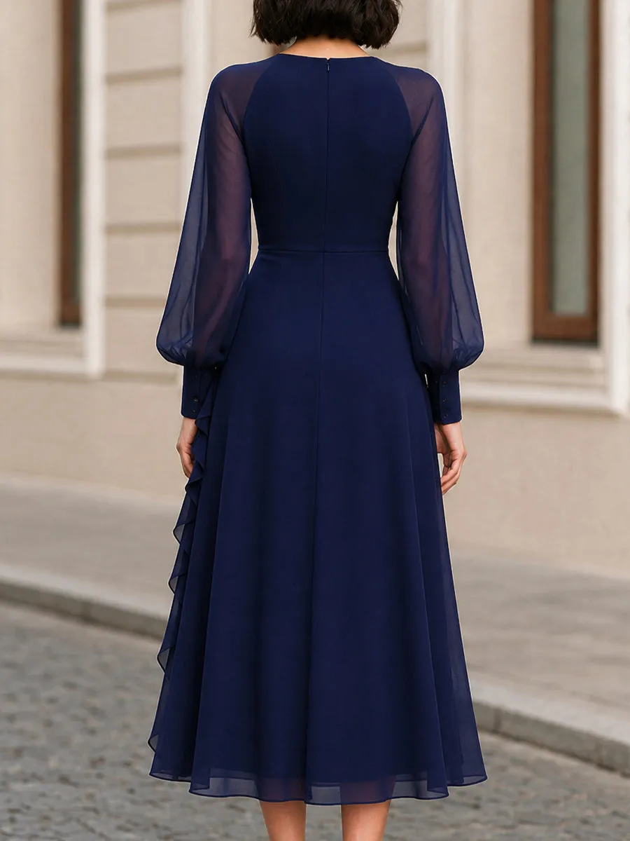 V-Neck Sheer Puff Long Sleeve Ruffle Slit Navy Chiffon Midi Dress sold by Mooyius product image thumbnail 2