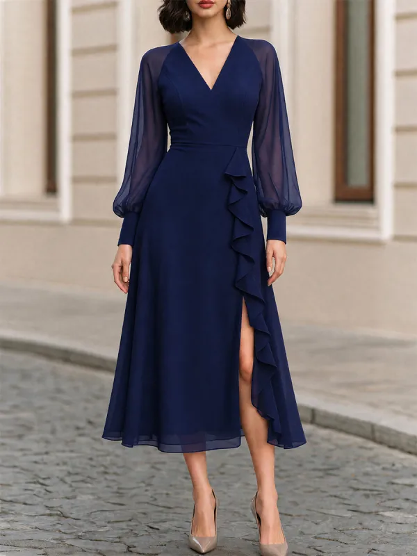 V-Neck Sheer Puff Long Sleeve Ruffle Slit Navy Chiffon Midi Dress made by Something Navy