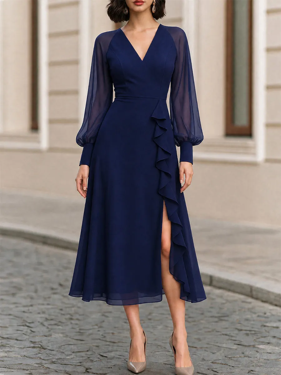 V-Neck Sheer Puff Long Sleeve Ruffle Slit Navy Chiffon Midi Dress sold by Mooyius