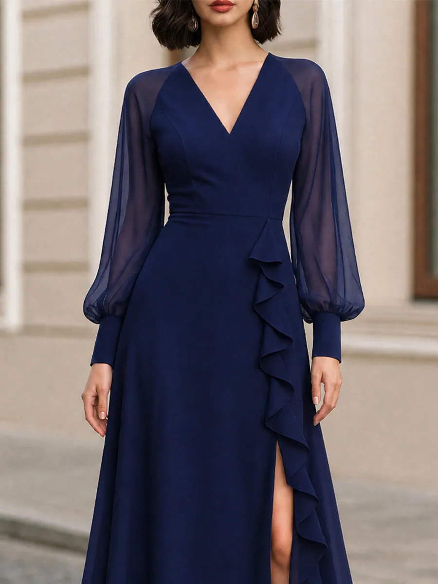 V-Neck Sheer Puff Long Sleeve Ruffle Slit Navy Chiffon Midi Dress sold by Mooyius product image thumbnail 3