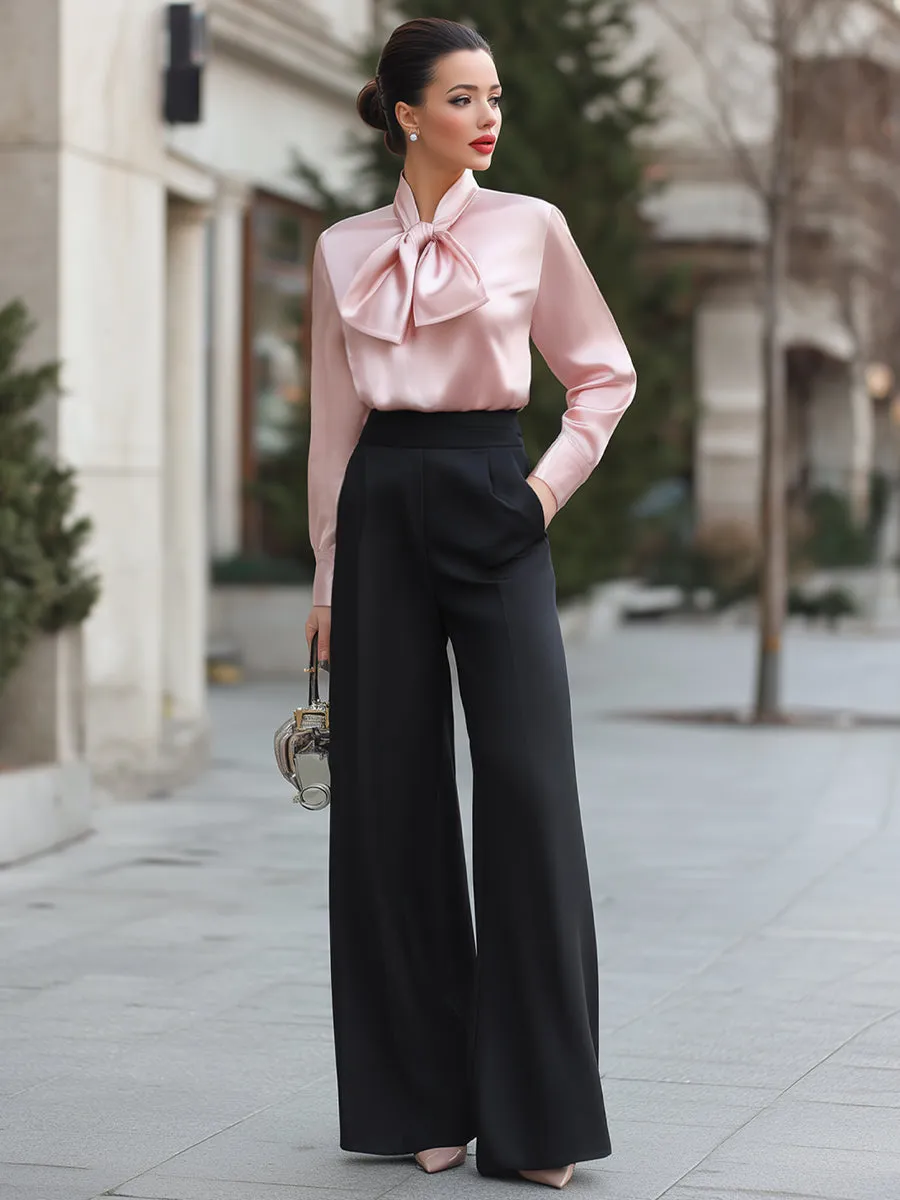 Bow-Neck Satin Blouse And Wide-Leg Trousers Set sold by Mooyius product image thumbnail 2