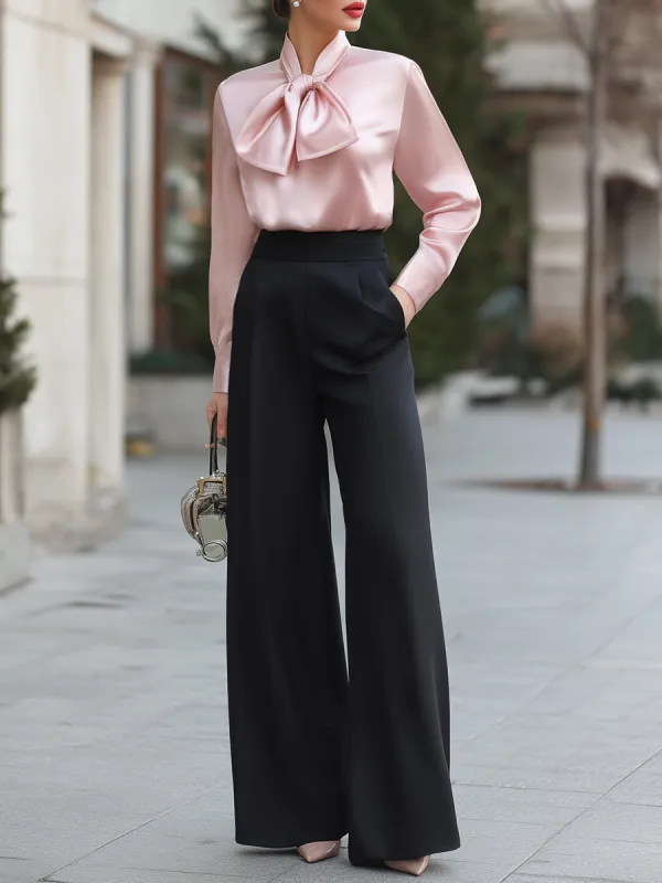 Bow-Neck Satin Blouse And Wide-Leg Trousers Set made by Mooyius
