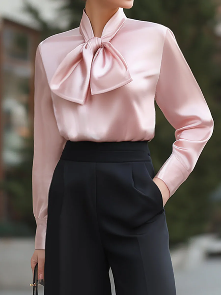 Bow-Neck Satin Blouse And Wide-Leg Trousers Set sold by Mooyius product image thumbnail 3