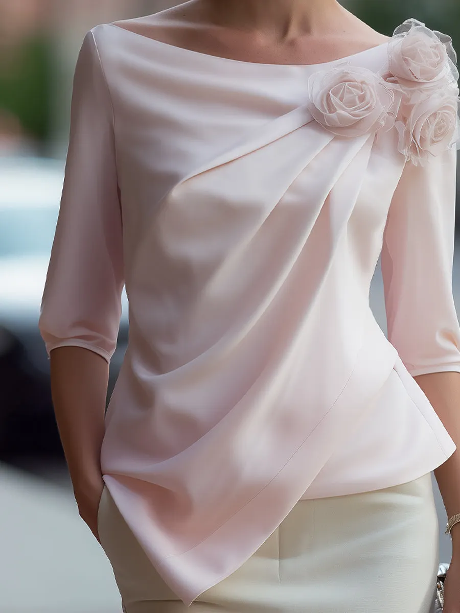 3D Floral Draped Chiffon Asymmetric Top sold by Mooyius product image thumbnail 3