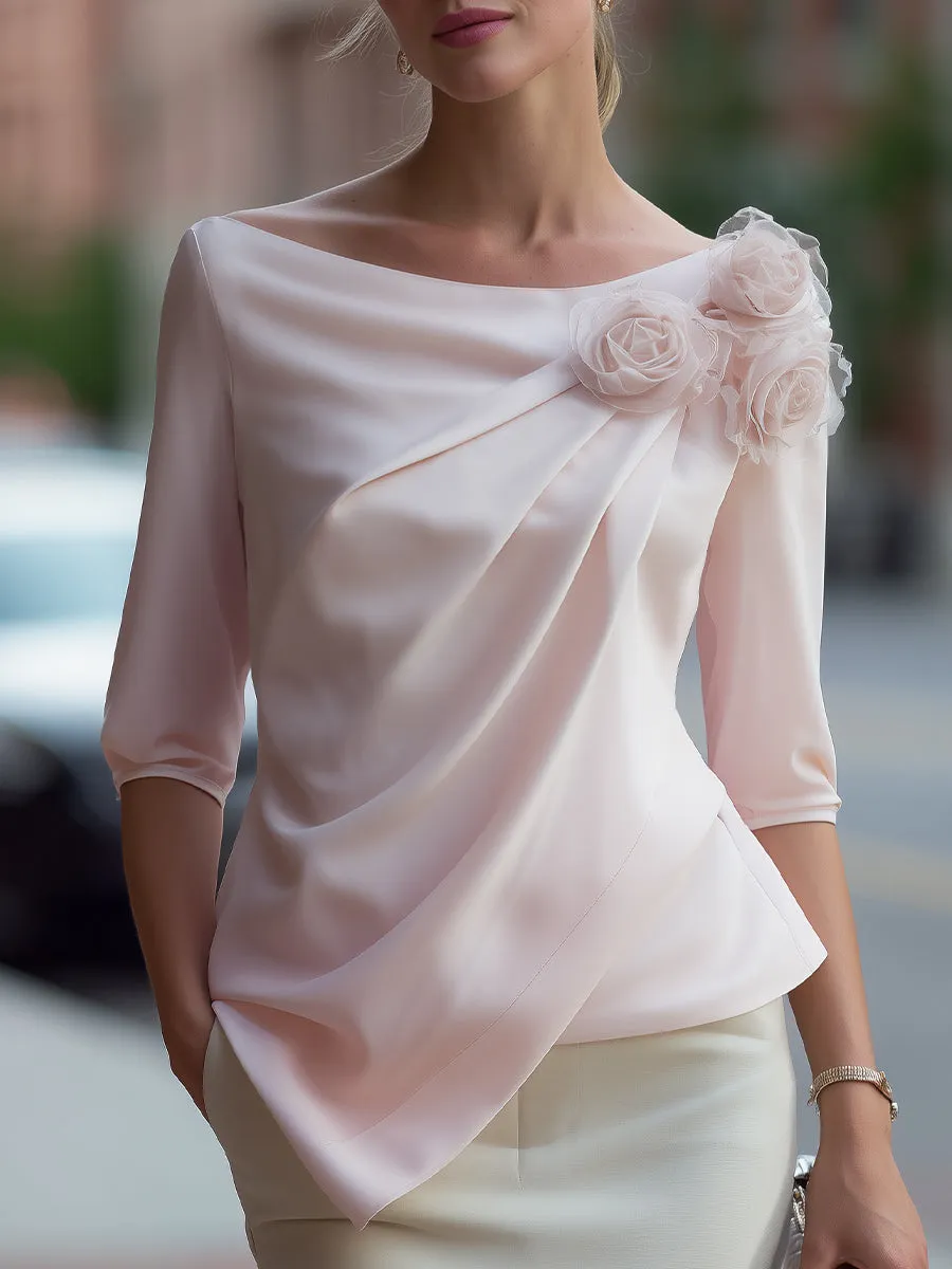 3D Floral Draped Chiffon Asymmetric Top sold by Mooyius