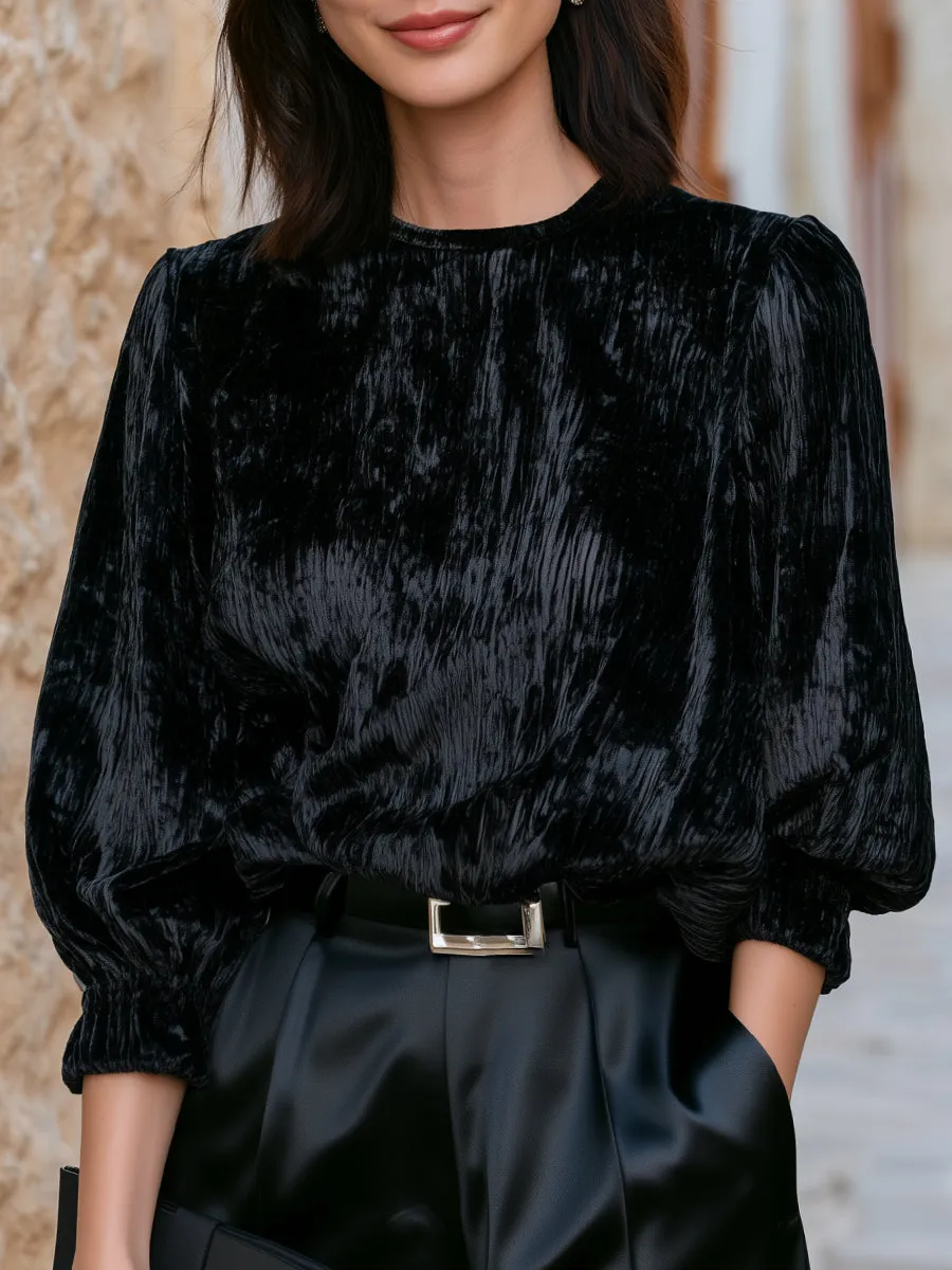 Crushed Velvet Puff-Sleeve Blouse sold by Mooyius