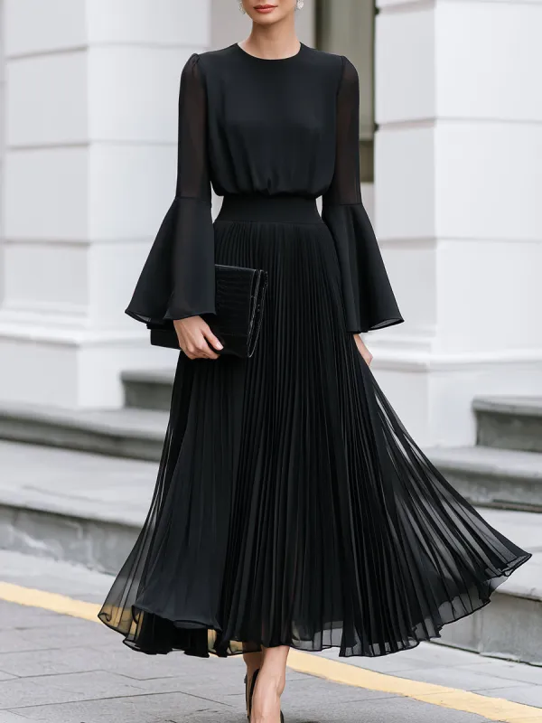 Pleated Chiffon Bell-Sleeve A-Line Maxi Dress made by Mooyius