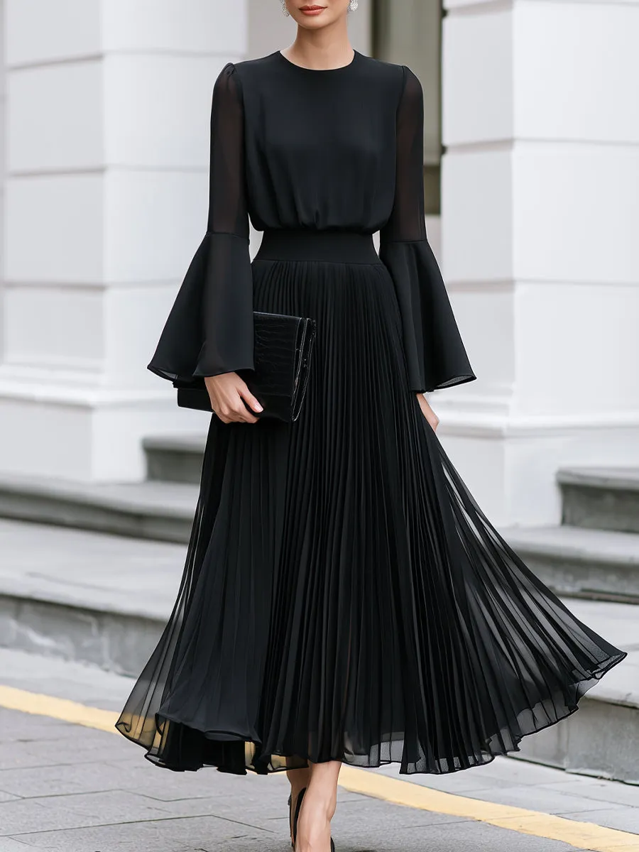 Pleated Chiffon Bell-Sleeve A-Line Maxi Dress sold by Mooyius
