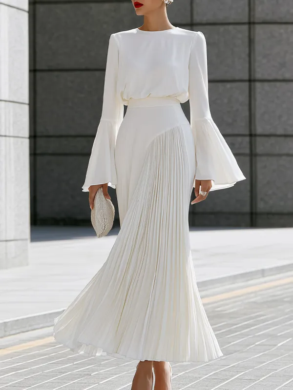 Bell-Sleeve Blouse And Pleated Maxi Skirt Set made by Mooyius