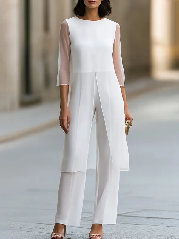 Two-Piece Set: Sheer-Sleeve Tunic Top & Wide-Leg Trousers made by Mooyius
