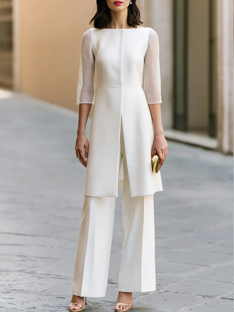 Sheer Sleeve Split-Front Tunic And Wide-Leg Pants Set sold by Mooyius