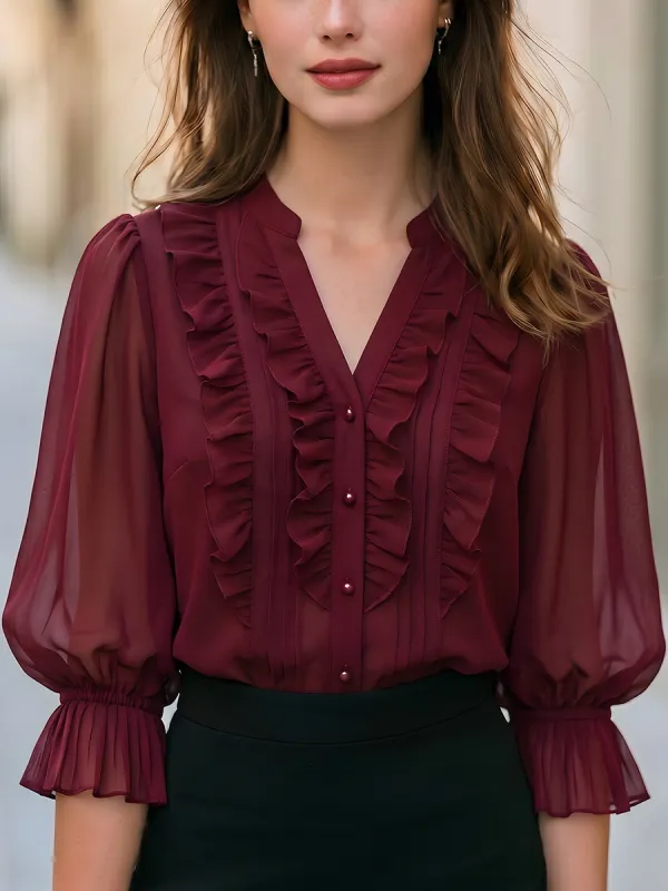 Ruffled V-Neck Chiffon Blouse made by Mooyius