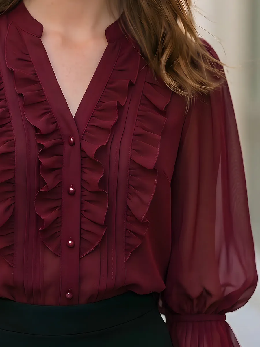 Ruffled V-Neck Chiffon Blouse sold by Mooyius product image thumbnail 5