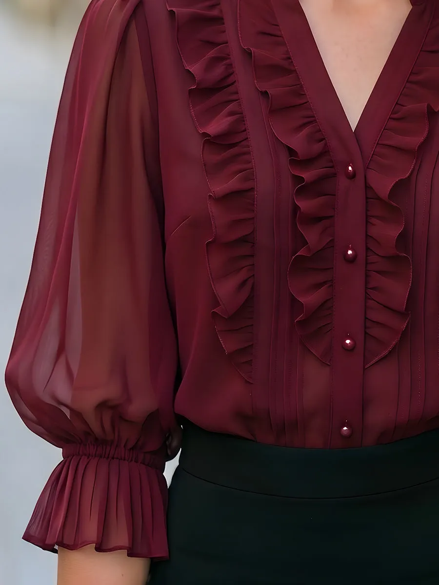 Ruffled V-Neck Chiffon Blouse sold by Mooyius product image thumbnail 4