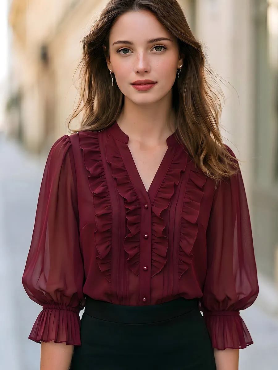 Ruffled V-Neck Chiffon Blouse sold by Mooyius product image thumbnail 2